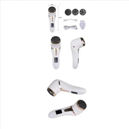 White and gold facial cleansing brush with interchangeable heads, USB charging, and ergonomic design for skincare routines