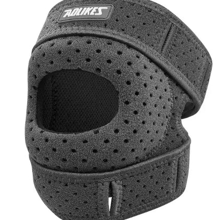 Black perforated knee brace with adjustable straps for support and compression