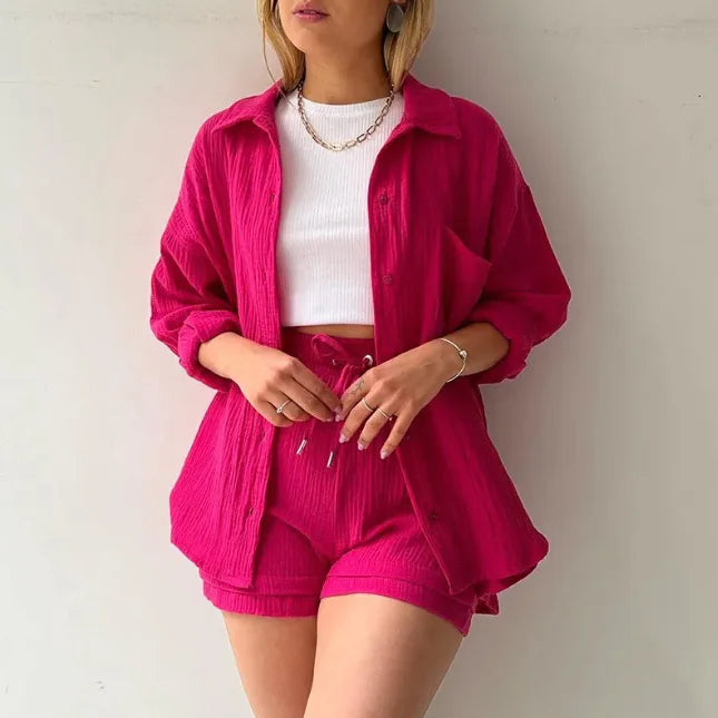 Women’s Long Sleeve Commuter Two-Piece Set – Lapel Shirt & High-Waist Shorts