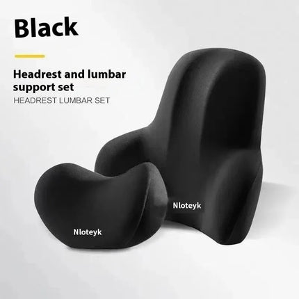 Black headrest and lumbar support set for ergonomic seating comfort