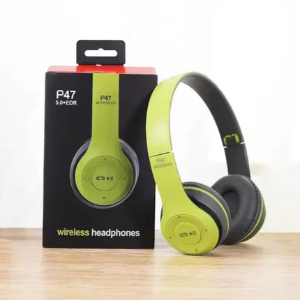 Lime green P47 wireless headphones with black earcups, Bluetooth 5.0+EDR, displayed beside retail box