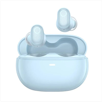 Light blue wireless earbuds with sleek charging case, modern design for audio convenience
