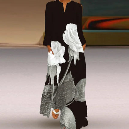 Women’s V-neck Long Sleeve Printed Loose Dress with Pockets