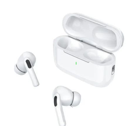 White wireless earbuds with charging case, sleek design, green LED indicator