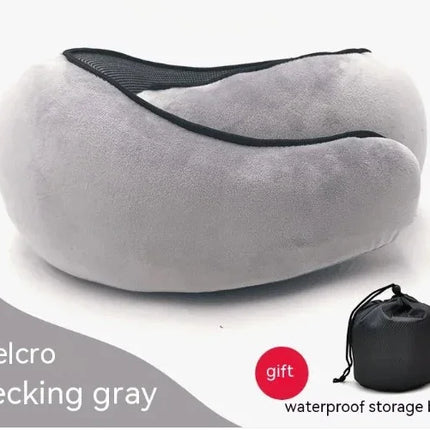 Gray velcro travel neck pillow with waterproof storage bag, ideal for comfort on-the-go