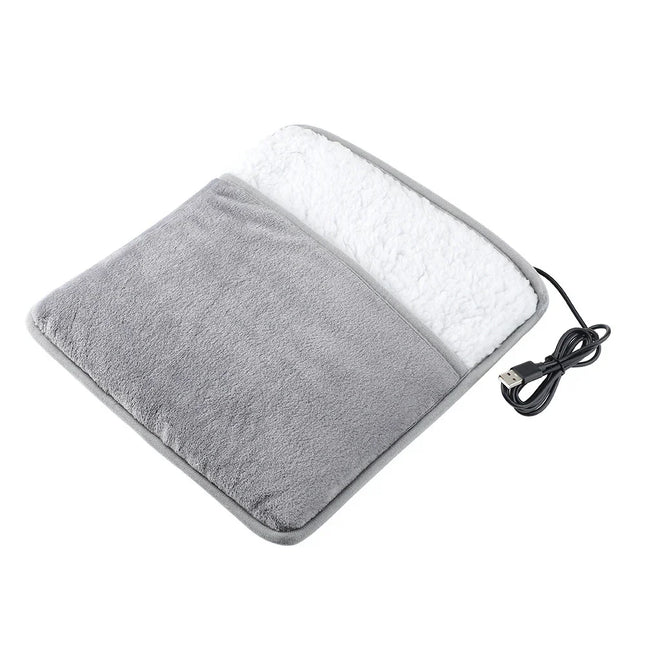 Gray and white USB heated seat cushion with soft fleece design for cozy warmth