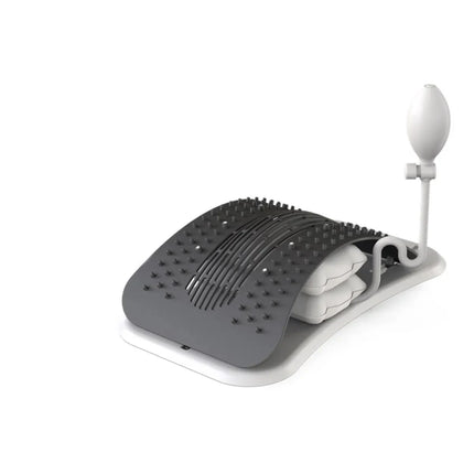 Gray and white foot massager with textured rollers and manual pump for relaxation and circulation