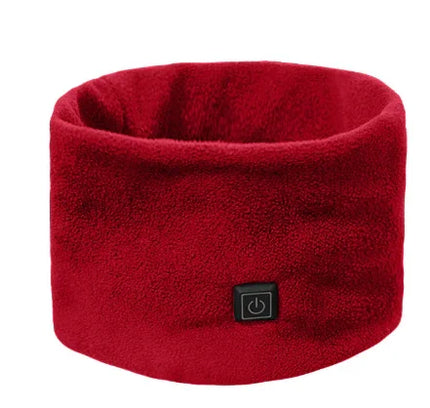 Red heated headband with power button, cozy fleece design for warmth and comfort