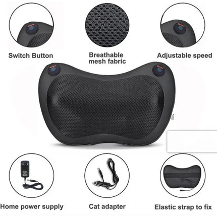 Black massage cushion with breathable mesh, adjustable speed, and elastic strap for home or car use