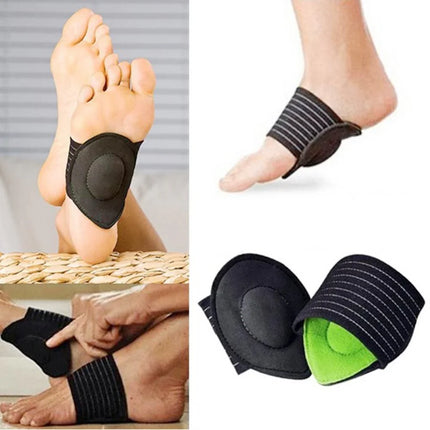 Black foot arch support brace with green cushion, adjustable straps for plantar fasciitis relief
