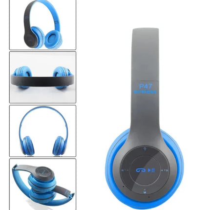 Blue and gray P47 wireless headphones with foldable design, touch controls, and Bluetooth connectivity for music and calls