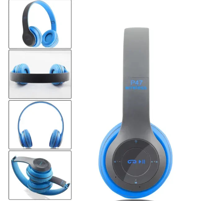 Blue and gray P47 wireless headphones with foldable design, touch controls, and Bluetooth connectivity for music and calls