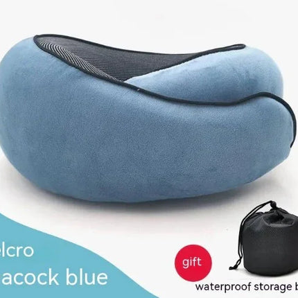 Peacock blue velcro travel neck pillow with waterproof storage bag