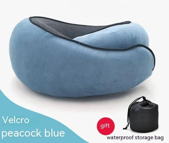 Peacock blue velcro travel neck pillow with waterproof storage bag