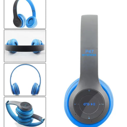 Blue and gray P47 wireless headphones with touch controls, foldable design, and on-ear cups for portable music streaming