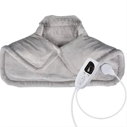 Gray plush heated neck and shoulder wrap with digital control panel for pain relief and relaxation