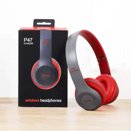 Red and gray P47 wireless headphones with 5.0+EDR, sleek design, and control buttons