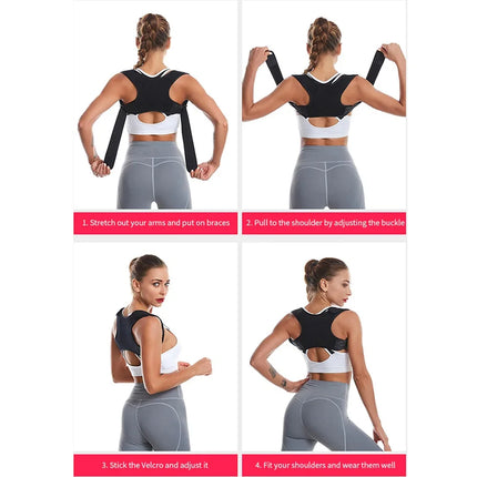 Black posture corrector brace with adjustable straps and Velcro, shown in 4-step wear guide for shoulder alignment
