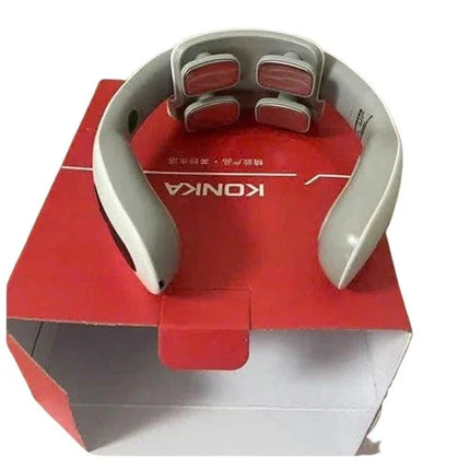Gray KONKA neck massager with red nodes, resting on red box, for relaxation and muscle relief