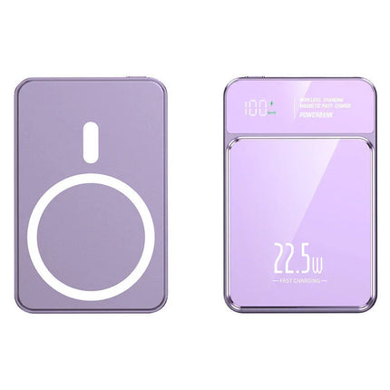 Purple wireless power bank with magnetic fast charging, 22.5W output, LED display, sleek design
