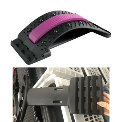 Black and purple back stretcher with massage nodules, ergonomic design for spine alignment and posture correction