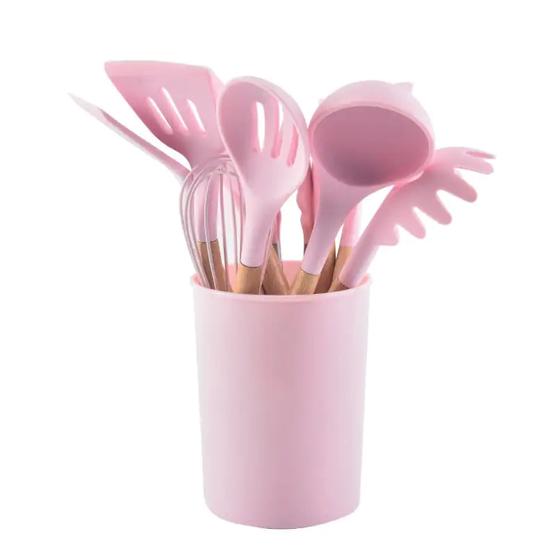 Ensemble d'ustensiles de cuisine antiadhésifs en silicone, 12 pièces, avec poignées en bois, résistants à la chaleur et lavables au lave-vaisselle