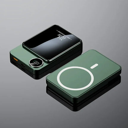 Green wireless power bank with 22.5W fast charging, LED display, and sleek design for portable charging