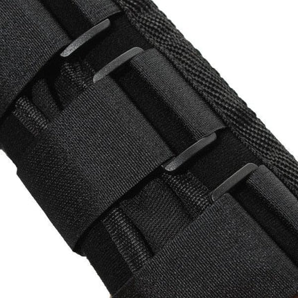 Black tactical belt with adjustable webbing straps and plastic buckles for secure fit