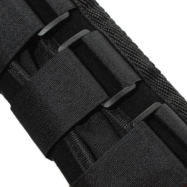 Black tactical belt with adjustable webbing straps and metal buckles for secure fit