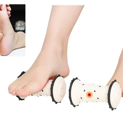 White foot roller massager with black wheels and textured surface for plantar fasciitis relief