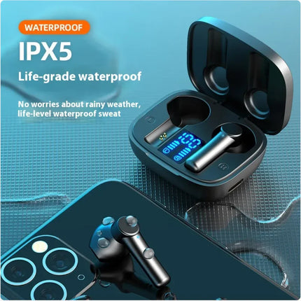 IPX5 waterproof wireless earbuds with charging case, sleek black design, blue LED display