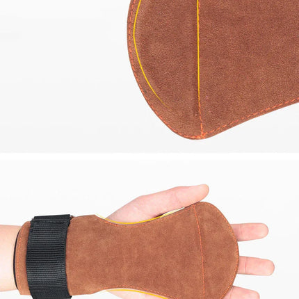 Brown suede archery glove with yellow stitching and black wrist strap for hand protection