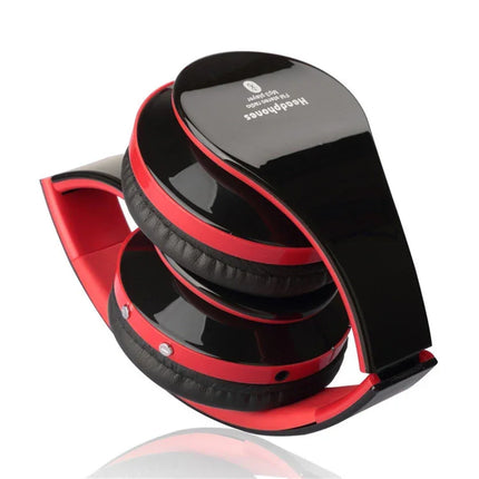 Black and red foldable wireless headphones with Bluetooth, sleek design for portable audio