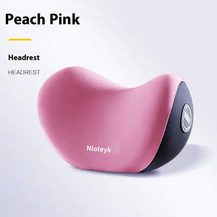 Peach Pink ergonomic headrest with black base and control button for neck support
