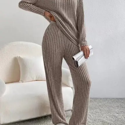 Women’s Autumn Ribbed Knit Lounge Set – Cozy V-Neck Sweater & Pants