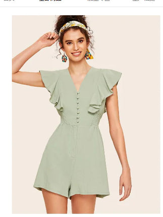 Sleeveless Button-Down V-Neck Jumpsuit with Wide Legs