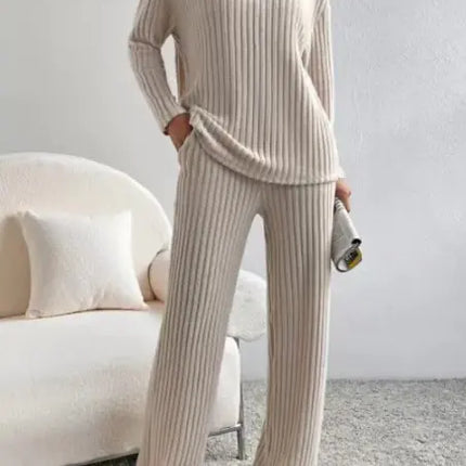 Women’s Autumn Ribbed Knit Lounge Set – Cozy V-Neck Sweater & Pants