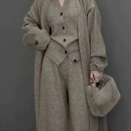 Women’s Knit 3-Piece Set – Cardigan, Vest & High-Waist Pants