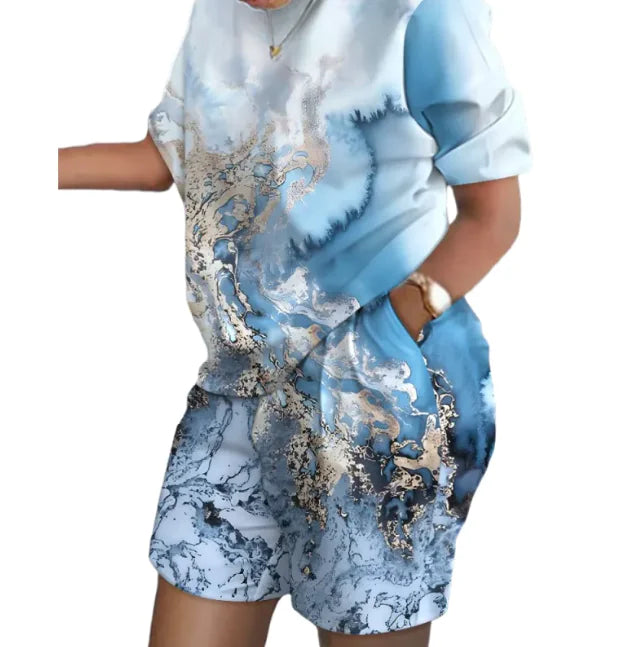 Women’s Printed Two-Piece Commuter Set – Short-Sleeve Top & Matching Shorts