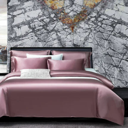 washed silk bedding, luxury bedding set, four piece bedding set, breathable bed sheets, soft silk bed set, minimalist bedding