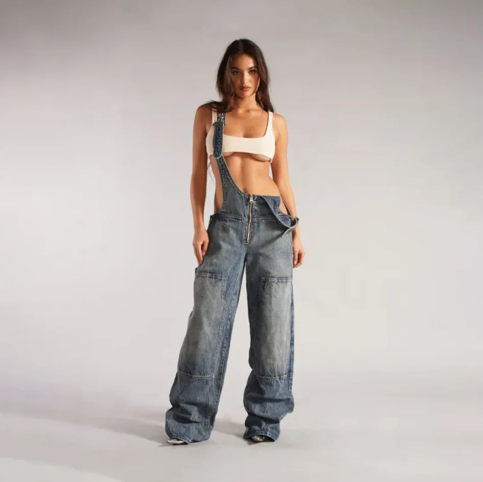 Y2K Denim Overalls – Loose Fit Retro Streetwear with Adjustable Suspenders