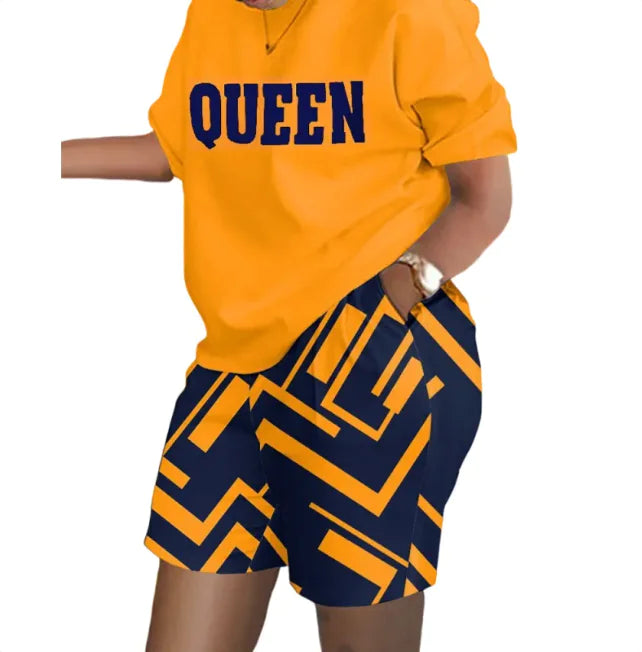 Women’s Printed Two-Piece Commuter Set – Short-Sleeve Top & Matching Shorts