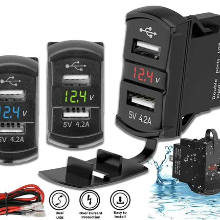Dual USB Charger Socket with LED Voltmeter & Rocker Switch Panel – Car & Boat Power Adapter