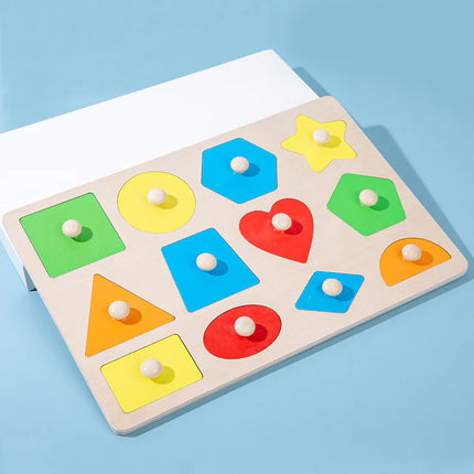 Montessori wooden geometric panel puzzle with colorful shapes for toddler early learning
