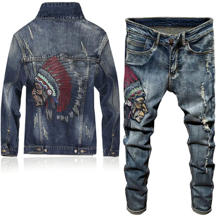 Embroidered Men’s Slim Fit Jeans – Ripped Streetwear Denim