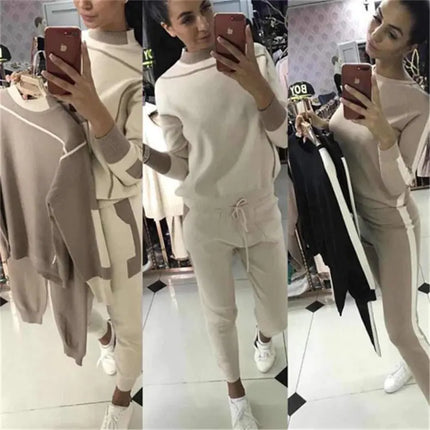 Women wearing color block knitwear set with long sleeve top and straight pants in casual style