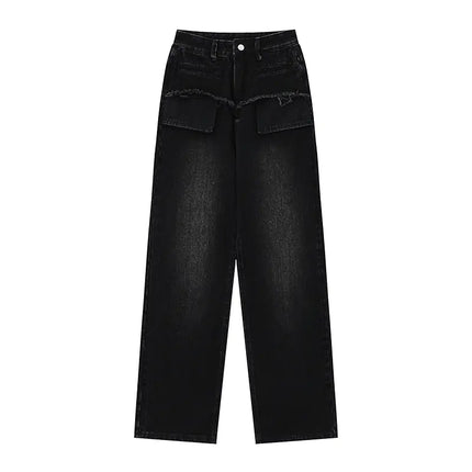 Retro Distressed Straight-Leg Jeans for Women – Blue & Black