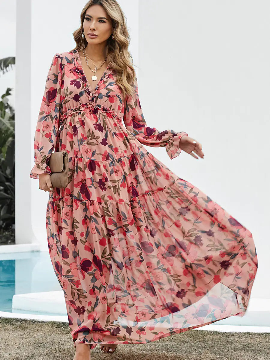 Women’s V-neck Loose Printed Long Sleeve Dress – Floral & Ruffle Design