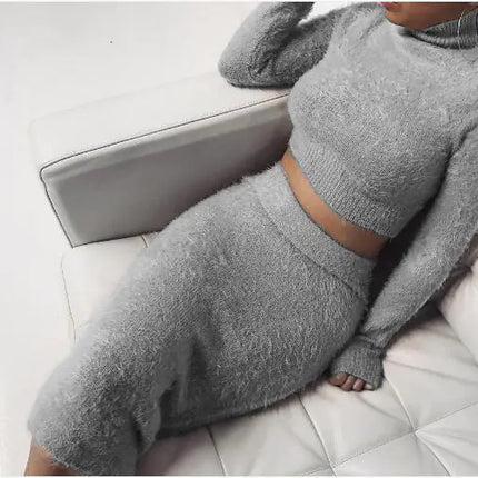 Chic Long Sleeve Women’s Sweater Set – Elegant Lotus Collar & Pencil Skirt