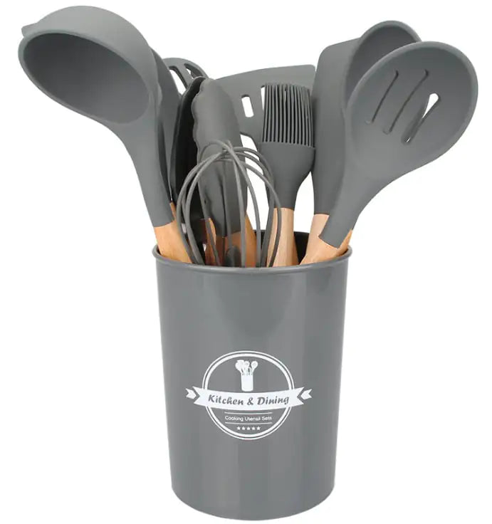 Ensemble d'ustensiles de cuisine antiadhésifs en silicone, 12 pièces, avec poignées en bois, résistants à la chaleur et lavables au lave-vaisselle